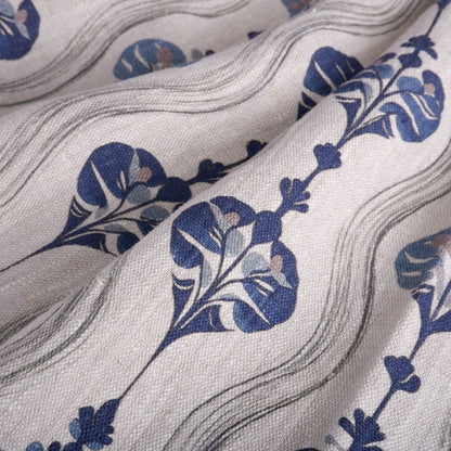 100% LINEN Fabric block print, oatmeal natur linen fabric with blue block print, heavy linen fabric for upholstery home decor 2256