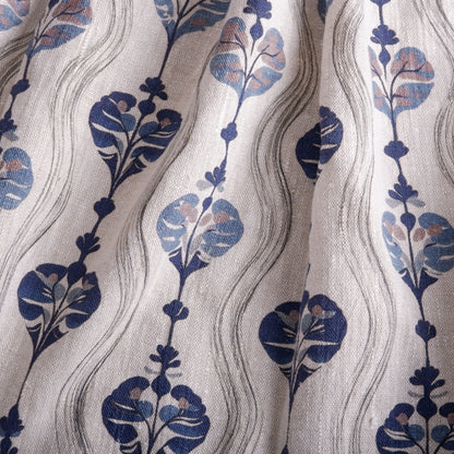 100% LINEN Fabric block print, oatmeal natur linen fabric with blue block print, heavy linen fabric for upholstery home decor 2256