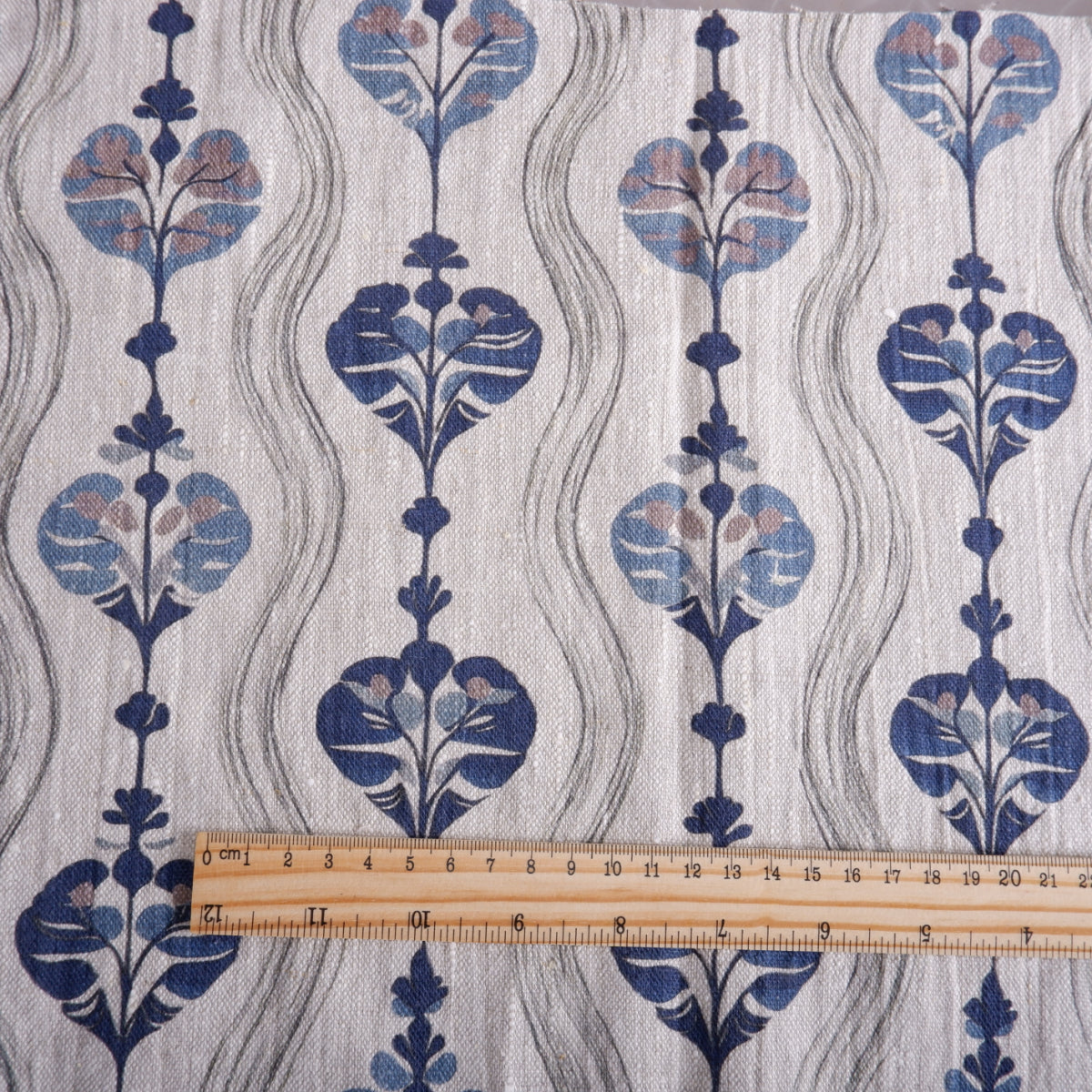 100% LINEN Fabric block print, oatmeal natur linen fabric with blue block print, heavy linen fabric for upholstery home decor 2256