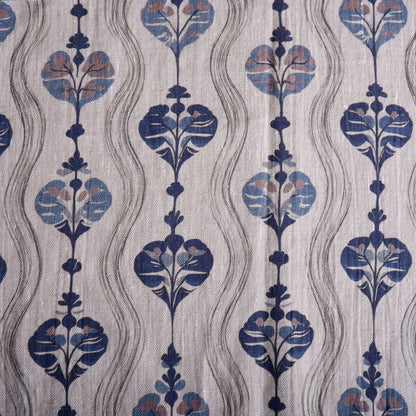 100% LINEN Fabric block print, oatmeal natur linen fabric with blue block print, heavy linen fabric for upholstery home decor 2256