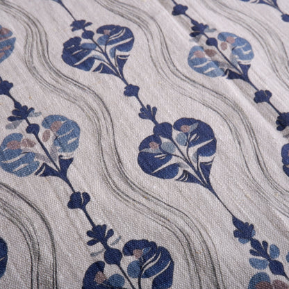 100% LINEN Fabric block print, oatmeal natur linen fabric with blue block print, heavy linen fabric for upholstery home decor 2256