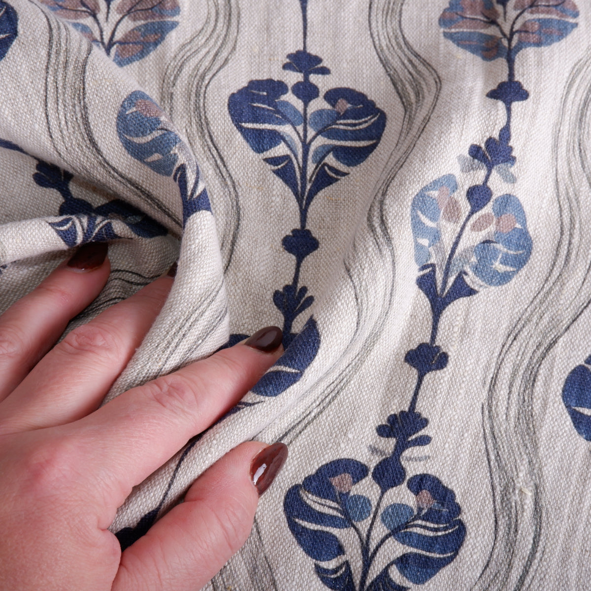 100% LINEN Fabric block print, oatmeal natur linen fabric with blue block print, heavy linen fabric for upholstery home decor 2256