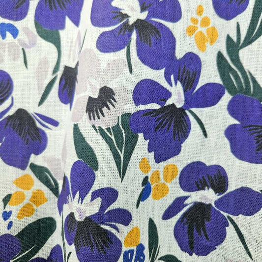 100% Linen fabric Block print purple flower on white - 2265