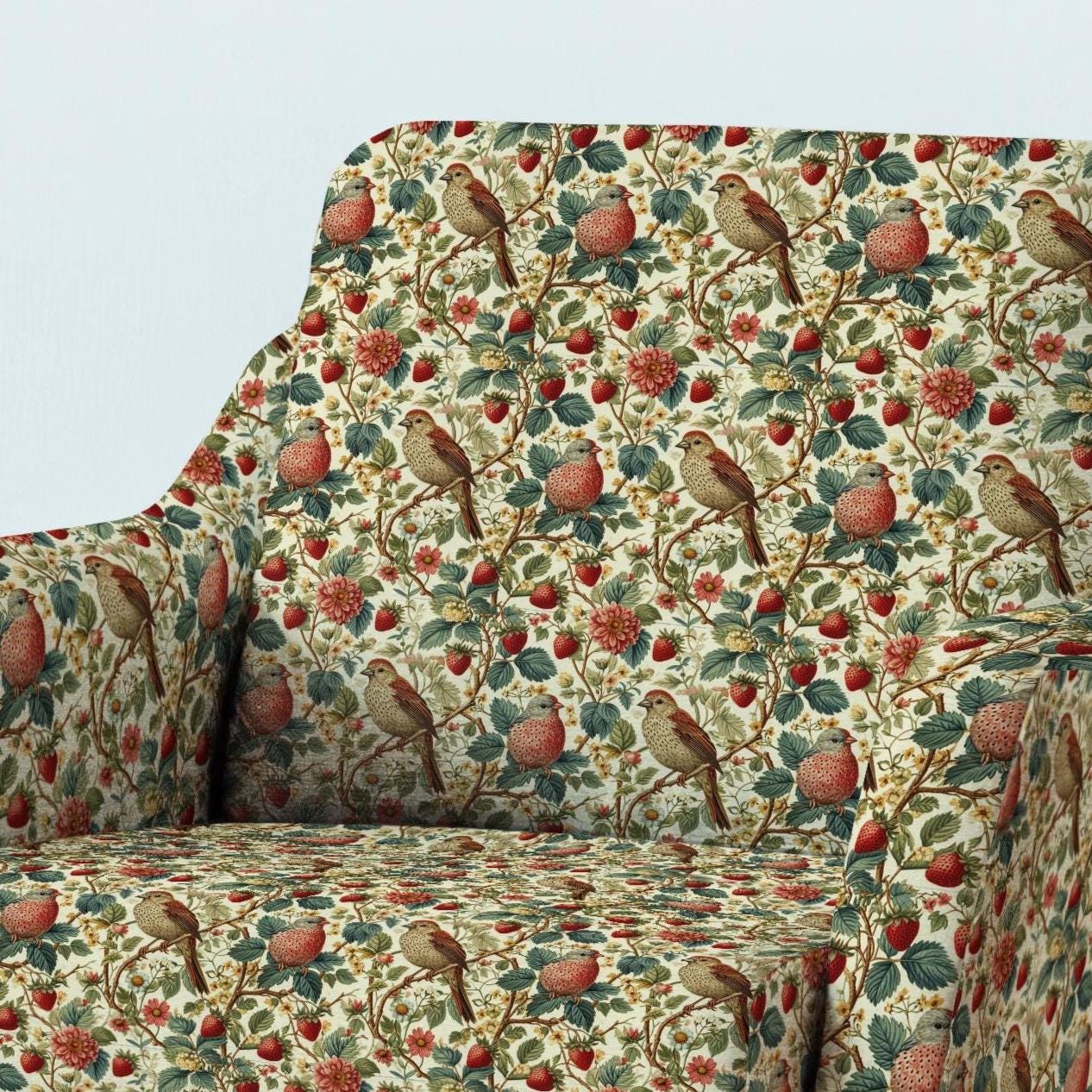 100% LINEN Fabric UPHOLSTERY 12oz - Birds in strawberry field colorful print on linen - berry floral upholstery 349