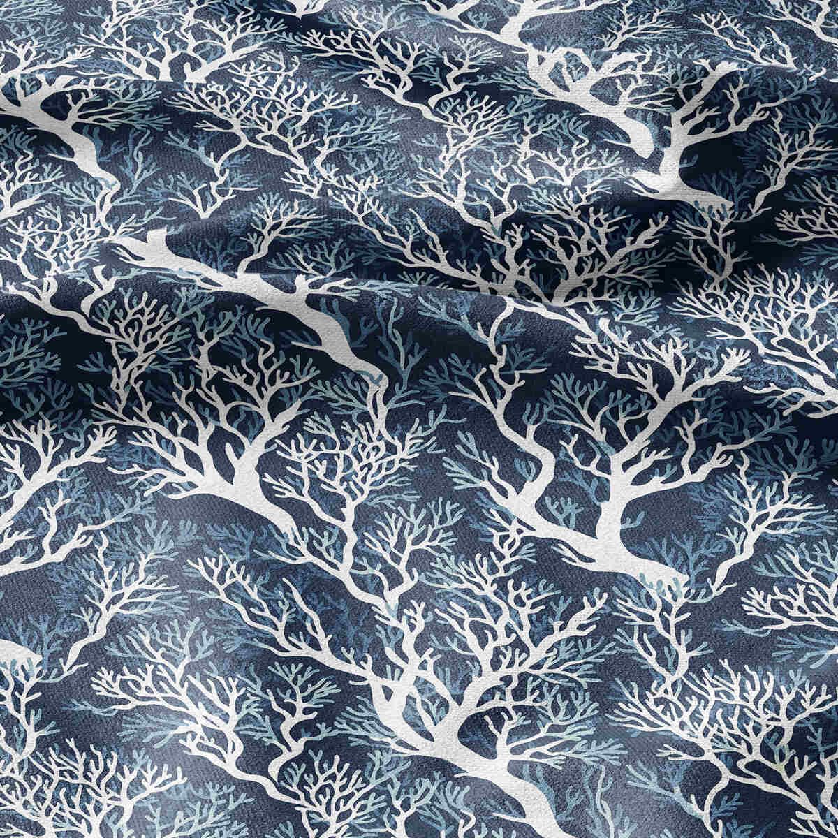 100% LINEN fabric blue coral print - botanical for upholstery home textile dress making 2295