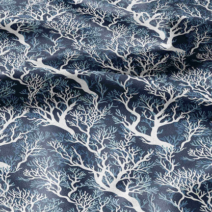 100% LINEN fabric blue coral print - botanical for upholstery home textile dress making 2295
