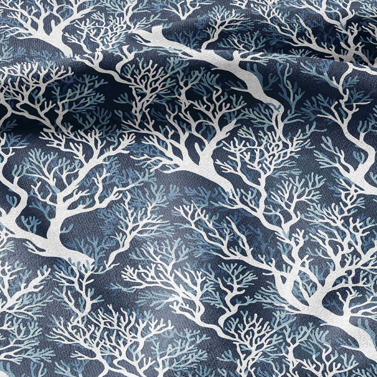 100% LINEN fabric blue coral print - botanical for upholstery home textile dress making 2295