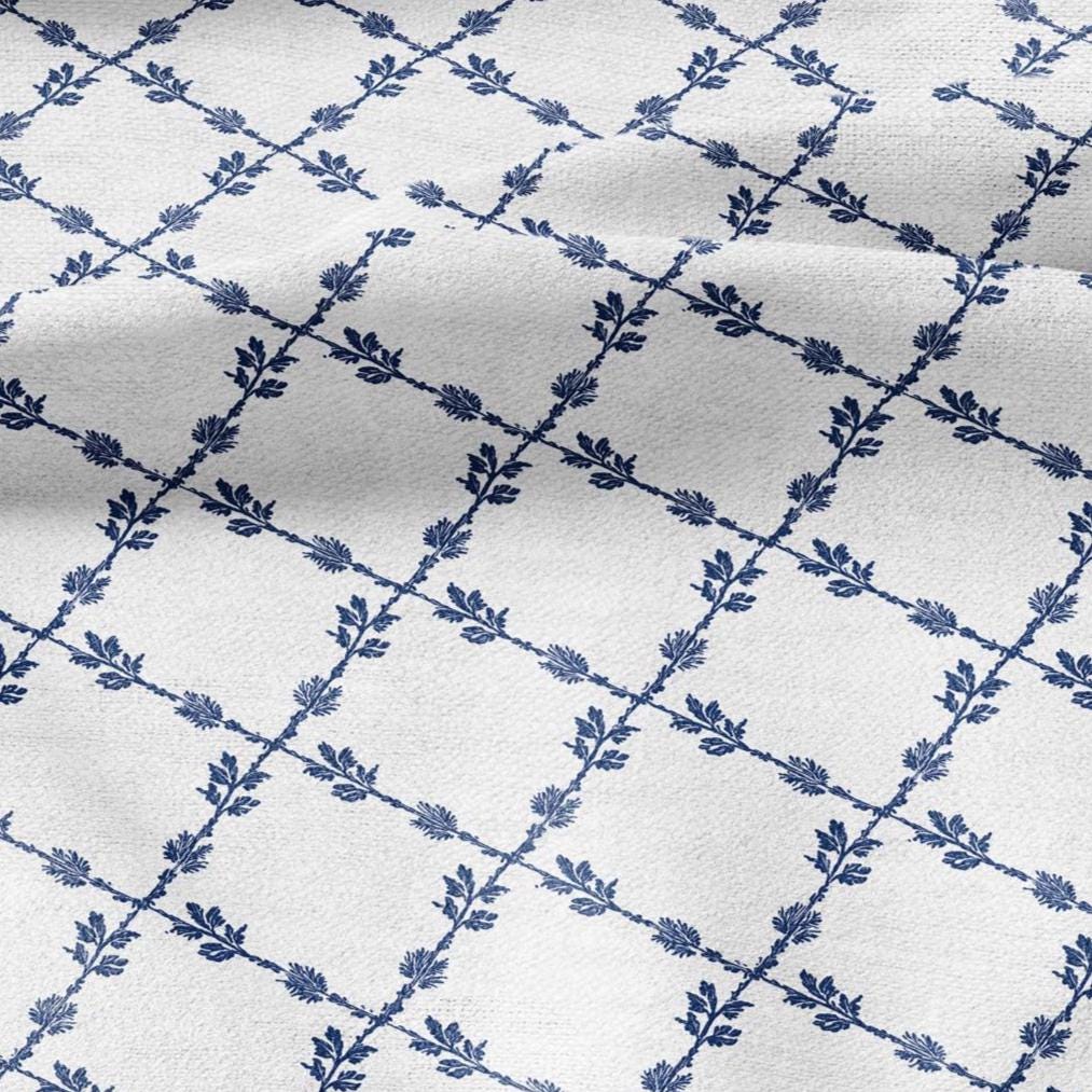 100% LINEN Fabric Herritage Lattice blue print - on oatmeal or white linen for upholstery curtains dress making 2953