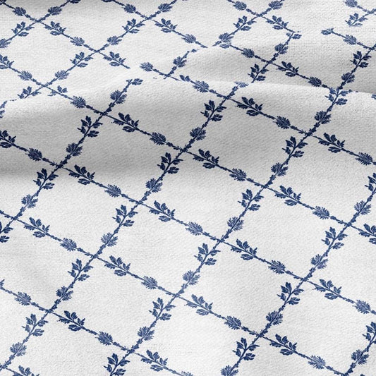 100% LINEN Fabric Herritage Lattice blue print - on oatmeal or white linen for upholstery curtains dress making 2953