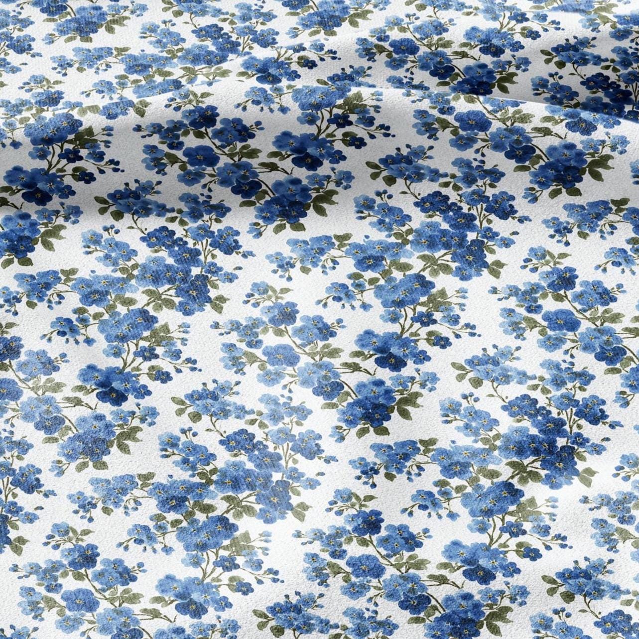100% LINEN Fabric Block print Forget me not flower - botanical upholstery home textile artisan fabrics blue white 2913