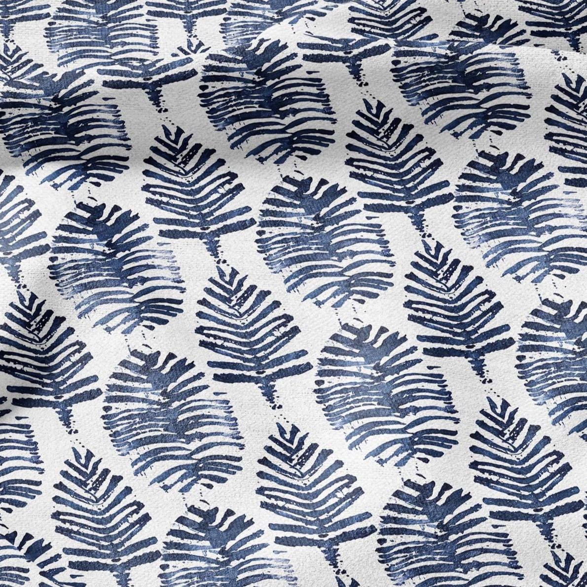 100% LINEN Fabric leaves print - Grandmillennial indigo blue - Modern vintage flower block print upholstery curtains dress making 2930