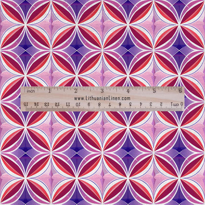 100% LINEN Fabric Geometric purple pink print - mid-century modern print on linen for upholstery curtains dress making 2661