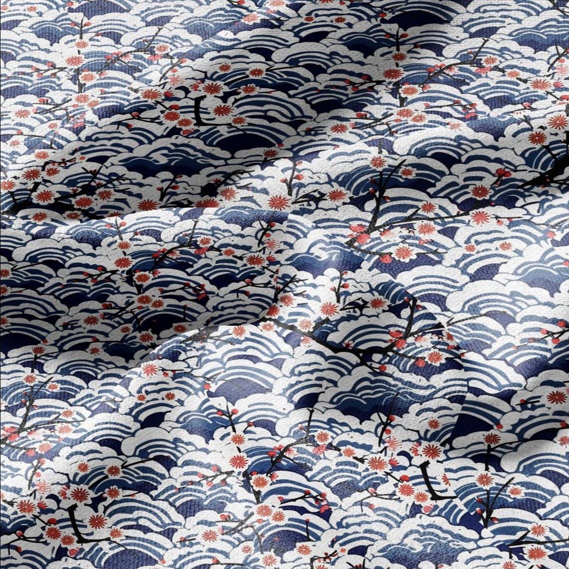 100% LINEN Fabric block print Japanese Sakura sea - red blue indigo floral print - heavy upholstery home decor - medium for clothing 2597