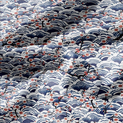 100% LINEN Fabric block print Japanese Sakura sea - red blue indigo floral print - heavy upholstery home decor - medium for clothing 2597