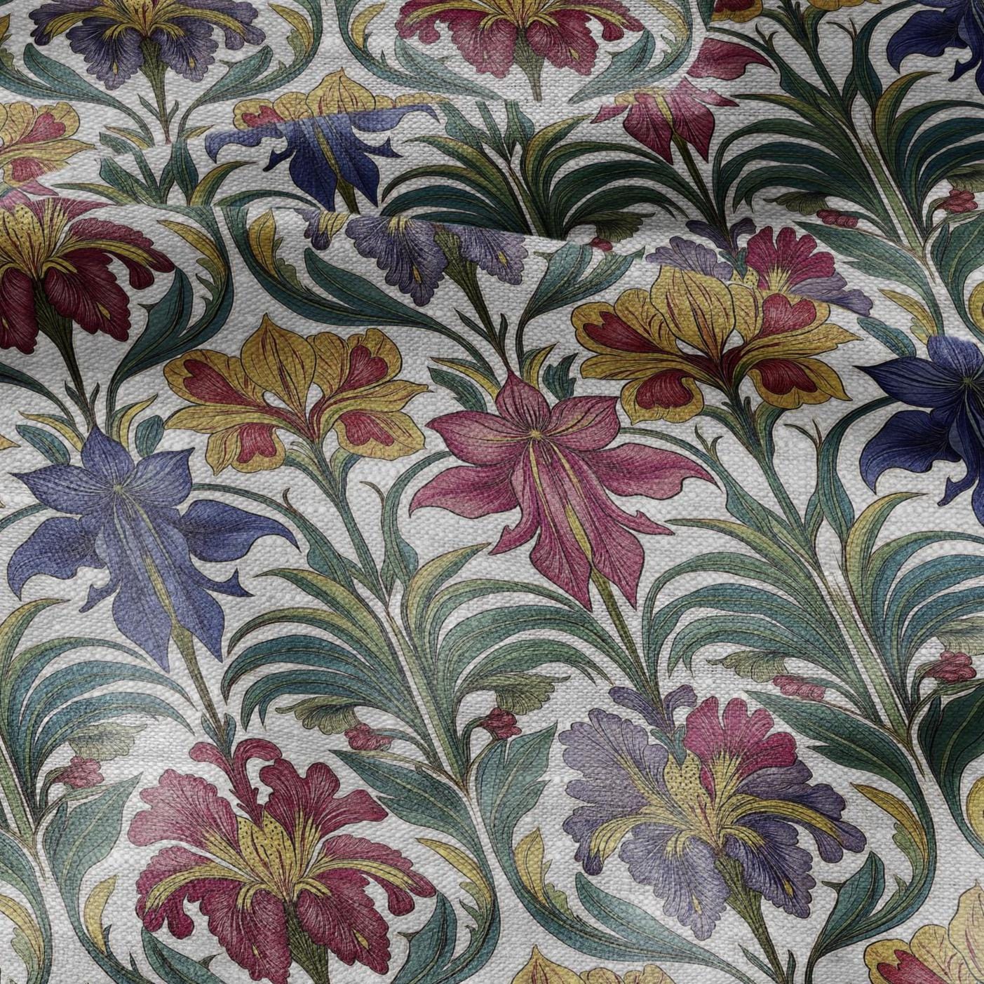 100% LINEN Fabric print Art Nouveau floral - oatmeal linen fabric with floral print - heavy for home decor clothing 3035