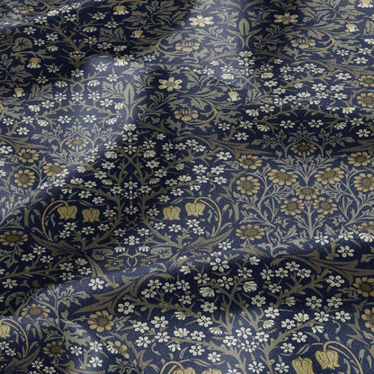 William Morris Blackthorn 100% LINEN Fabric - British linen floral upholstery home textile Victorian fabrics navy blue 3168