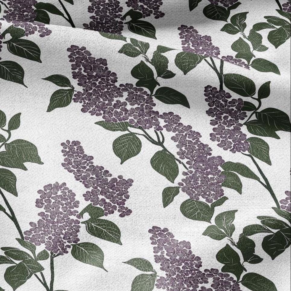 100% LINEN Fabric Block print Lilac blossom - modern vintage botanical flower upholstery home textile artisan green purple white 2355