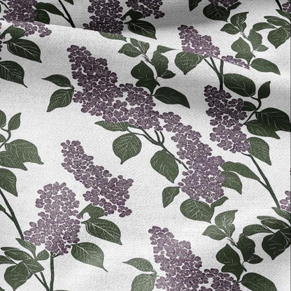 100% LINEN Fabric Block print Lilac blossom - modern vintage botanical flower upholstery home textile artisan green purple white 2355