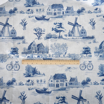 100% LINEN Fabric Delft Holland scenery - linen fabric with blue white print - heavy linen fabric for upholstery home decor tablecloth