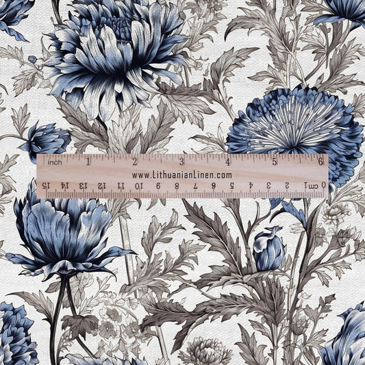 100% LINEN Fabric blue flower print on white linen - Floral print flax fabric for uphlstery heavy / medium for clothing 2575