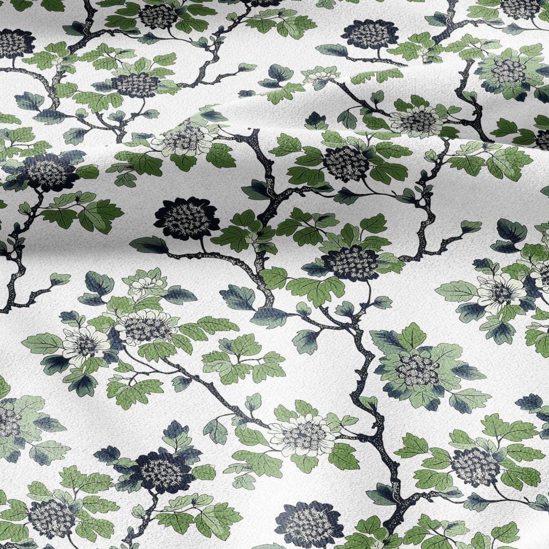 100% LINEN Fabric Leaves tree green print - Mid-century modern botanical stripe upholstery home textile artisan green white 2918