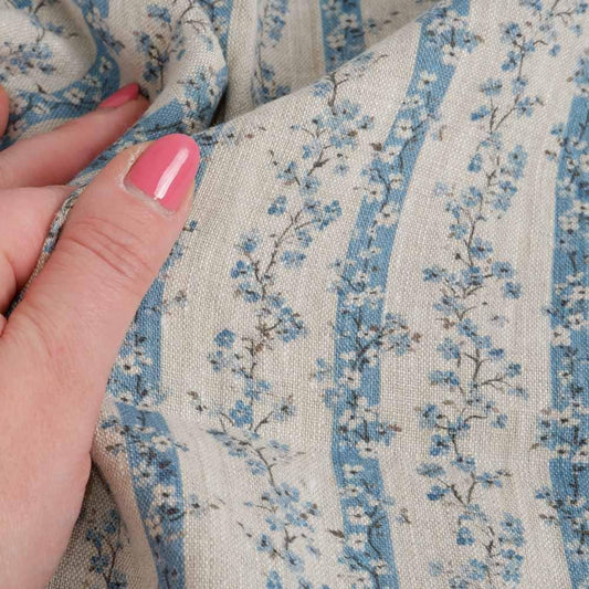 100% LINEN Fabric floral stripe block print on oatmeal linen - blue gray heavy fabric for upholstery - medium weight linen dress making 2502