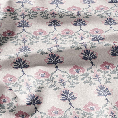 100% LINEN Fabric oriental print - preppy pink floral block print - upholstery home decor clothing  sewing 2375
