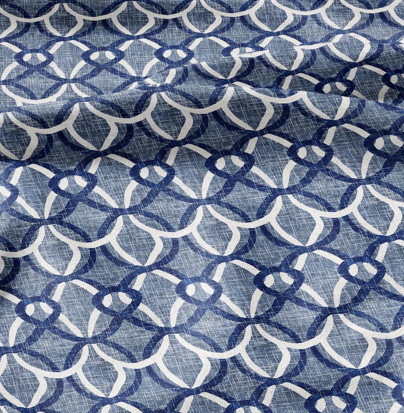 100% LINEN Fabric  Abstract indigo blue Ropes - Oriental blue print on linen fabric for upholstery curtains dress making Knot