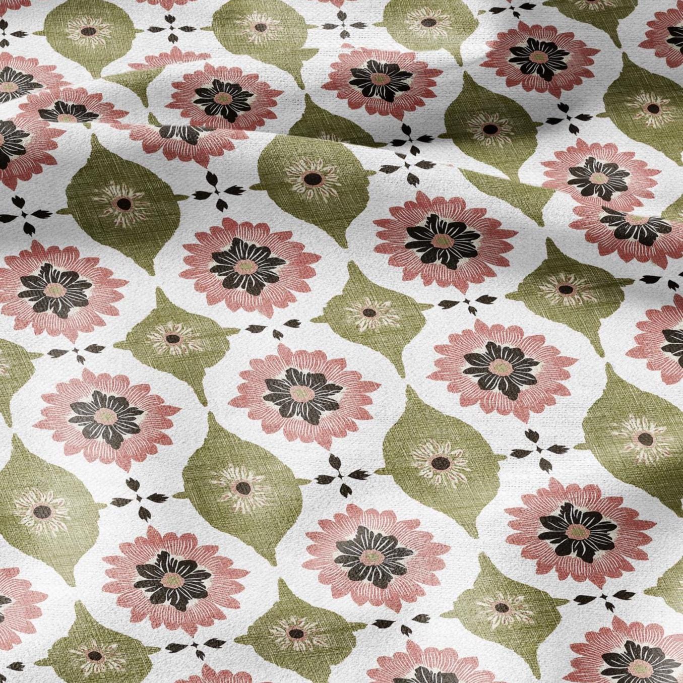 100% LINEN Fabric PInk green floral print - retro block print flower - for upholstery home decor - medium for dress making 2908