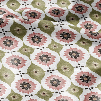 100% LINEN Fabric PInk green floral print - retro block print flower - for upholstery home decor - medium for dress making 2908