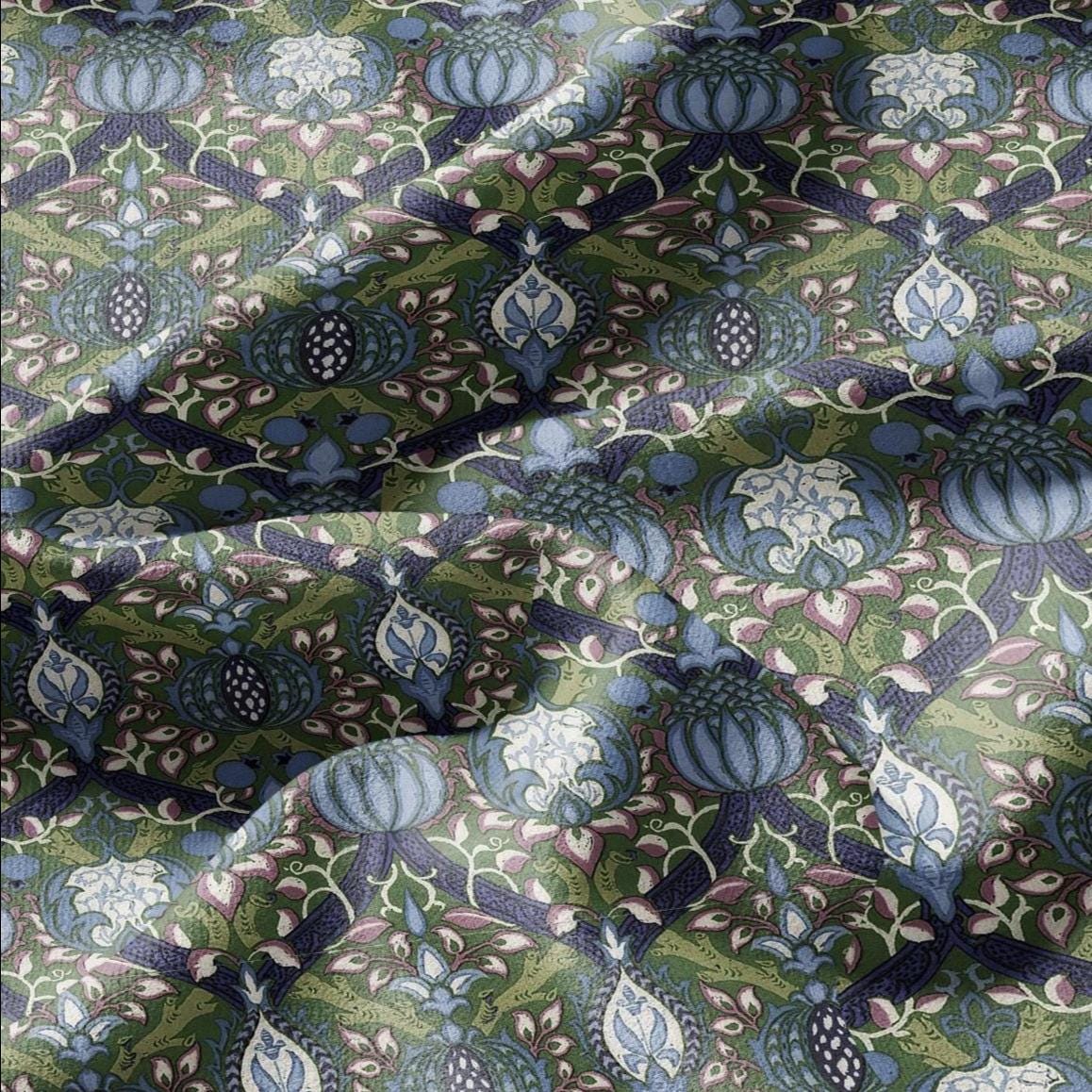 100% LINEN Fabric William Morris Granada print - British Victorian floral green blue 3207