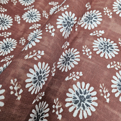 100% LINEN Fabric floral print - muddy brown white stripe block print linen heavy for upholstery home decor - medium for dress making 2808