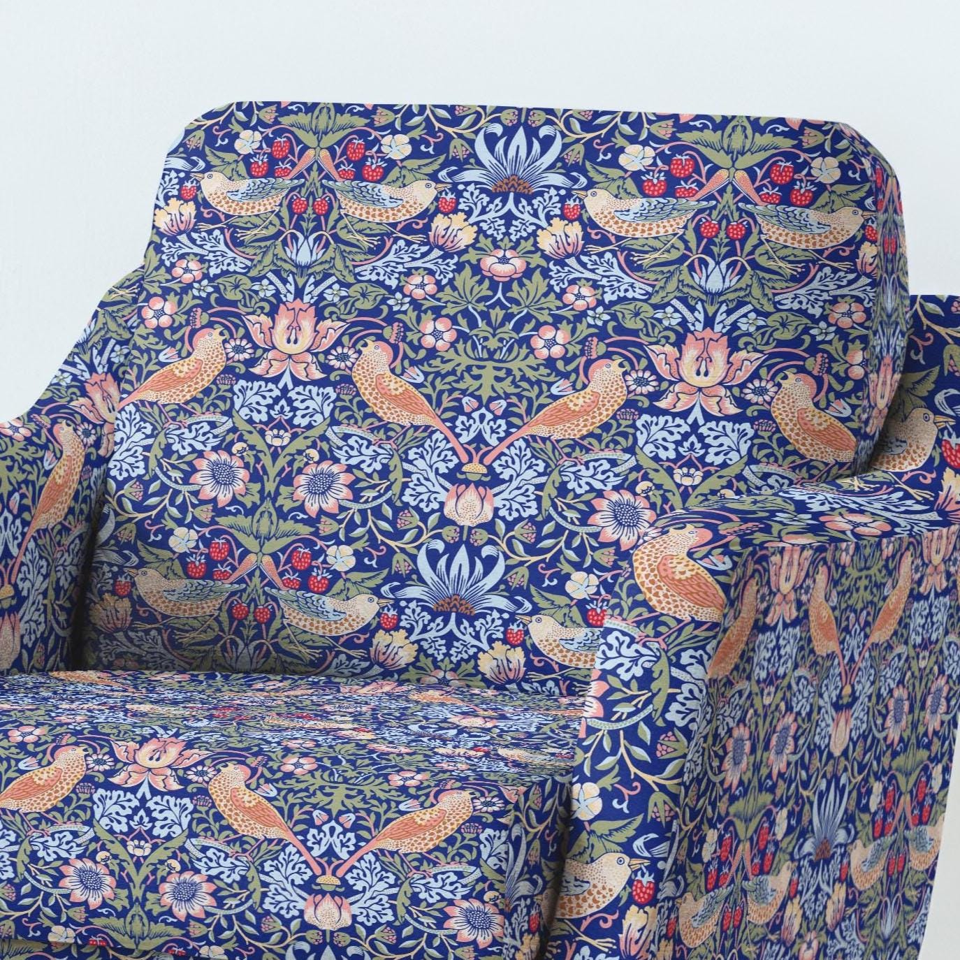 100% LINEN Fabric UPHOLSTERY 12oz - William Morris Strawberry thief print - Victorian Art craft - bird floral blue upholstery heavy 208