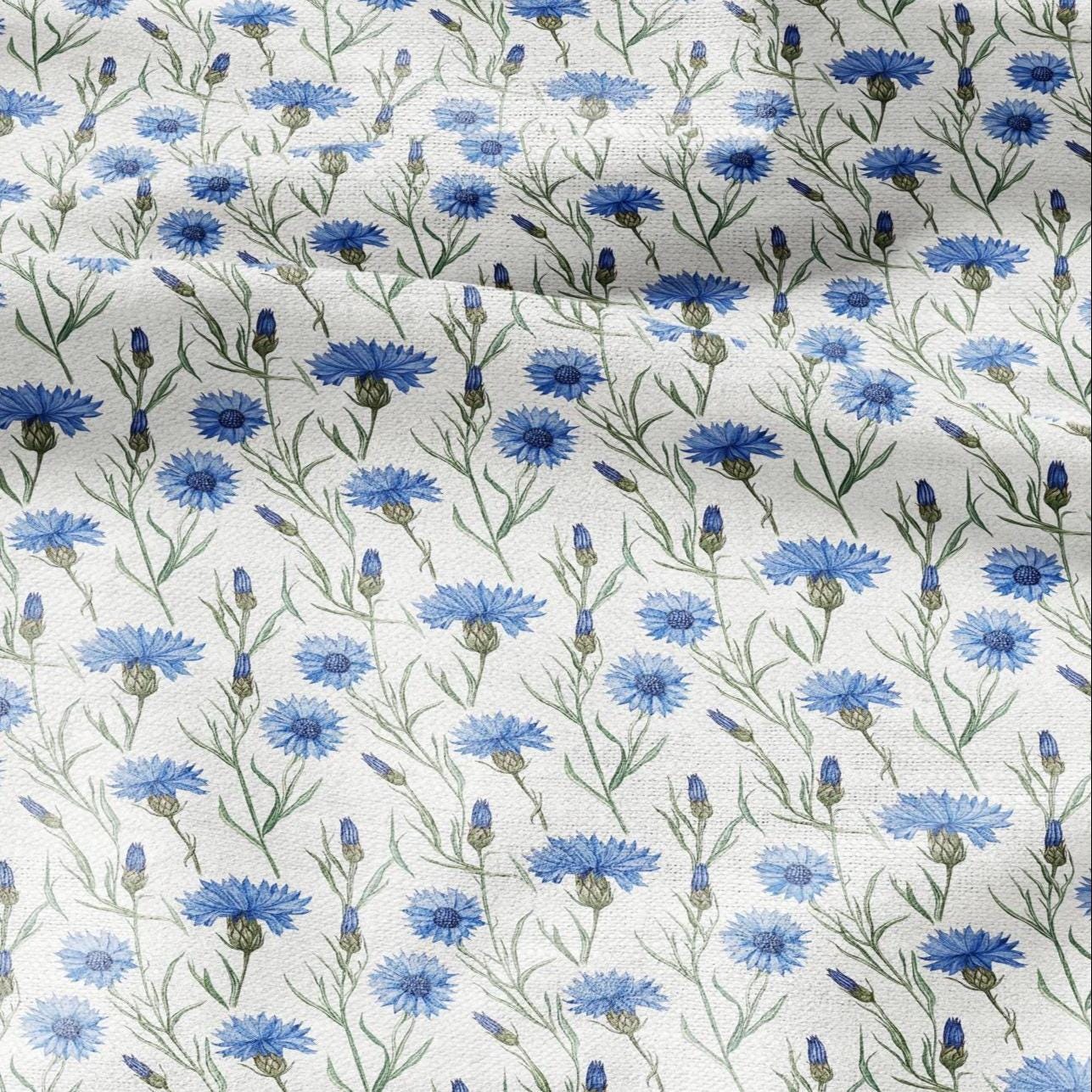100% LINEN Fabric Block print Cornflower flower - floral upholstery home textile artisan fabrics blue green white 3039