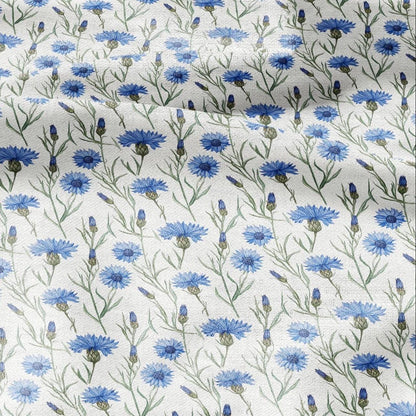 100% LINEN Fabric Block print Cornflower flower - floral upholstery home textile artisan fabrics blue green white 3039
