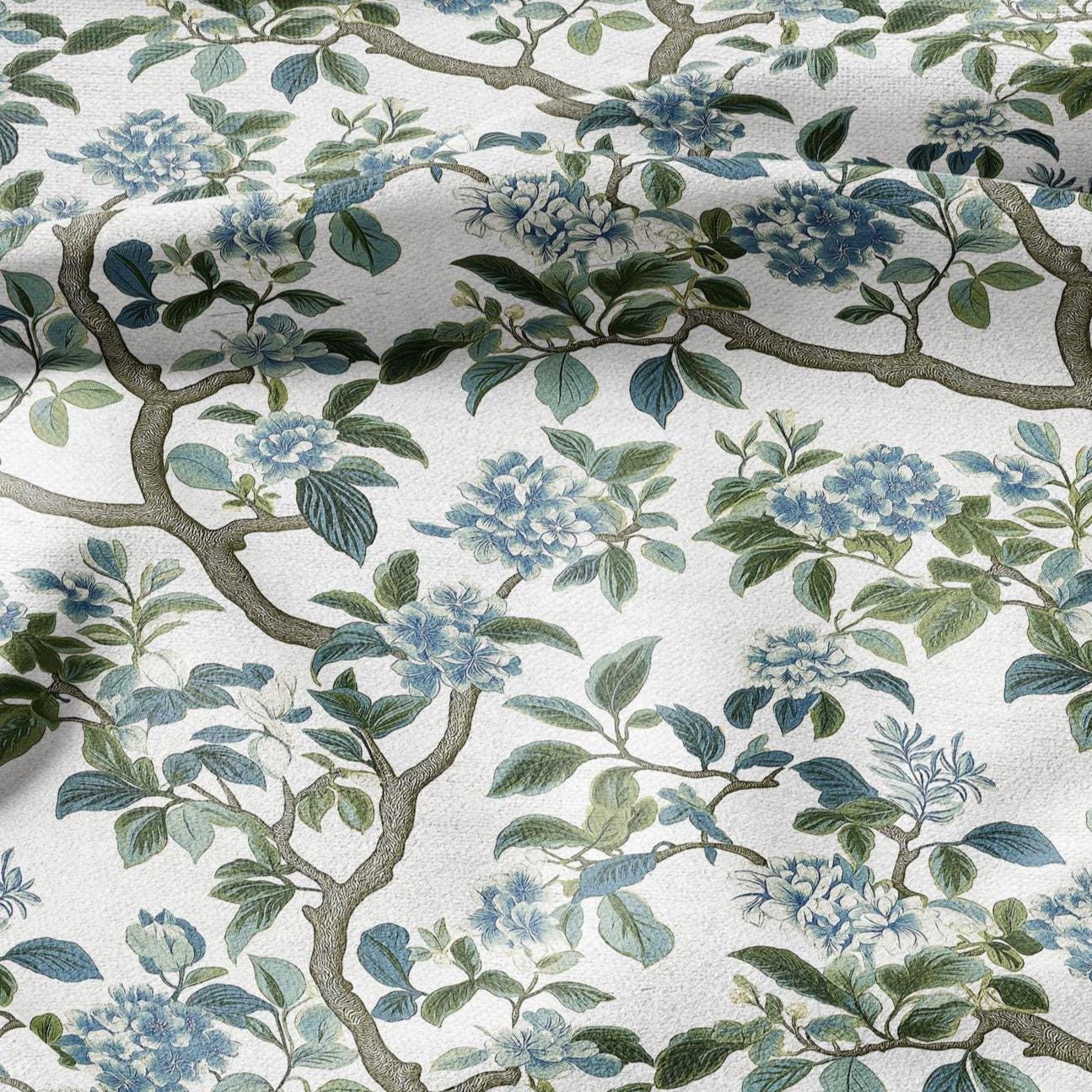 100% LINEN Fabric Block print Lotus blosoom - modern vintage botanical flower upholstery home textile artisan green gray  white 2370