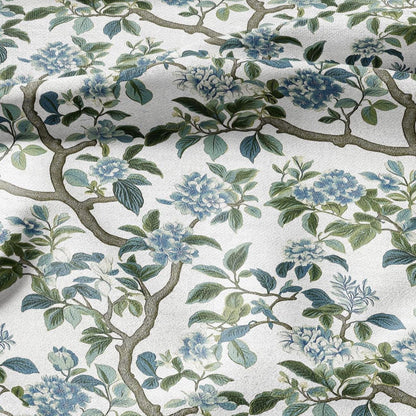 100% LINEN Fabric Block print Lotus blosoom - modern vintage botanical flower upholstery home textile artisan green gray  white 2370