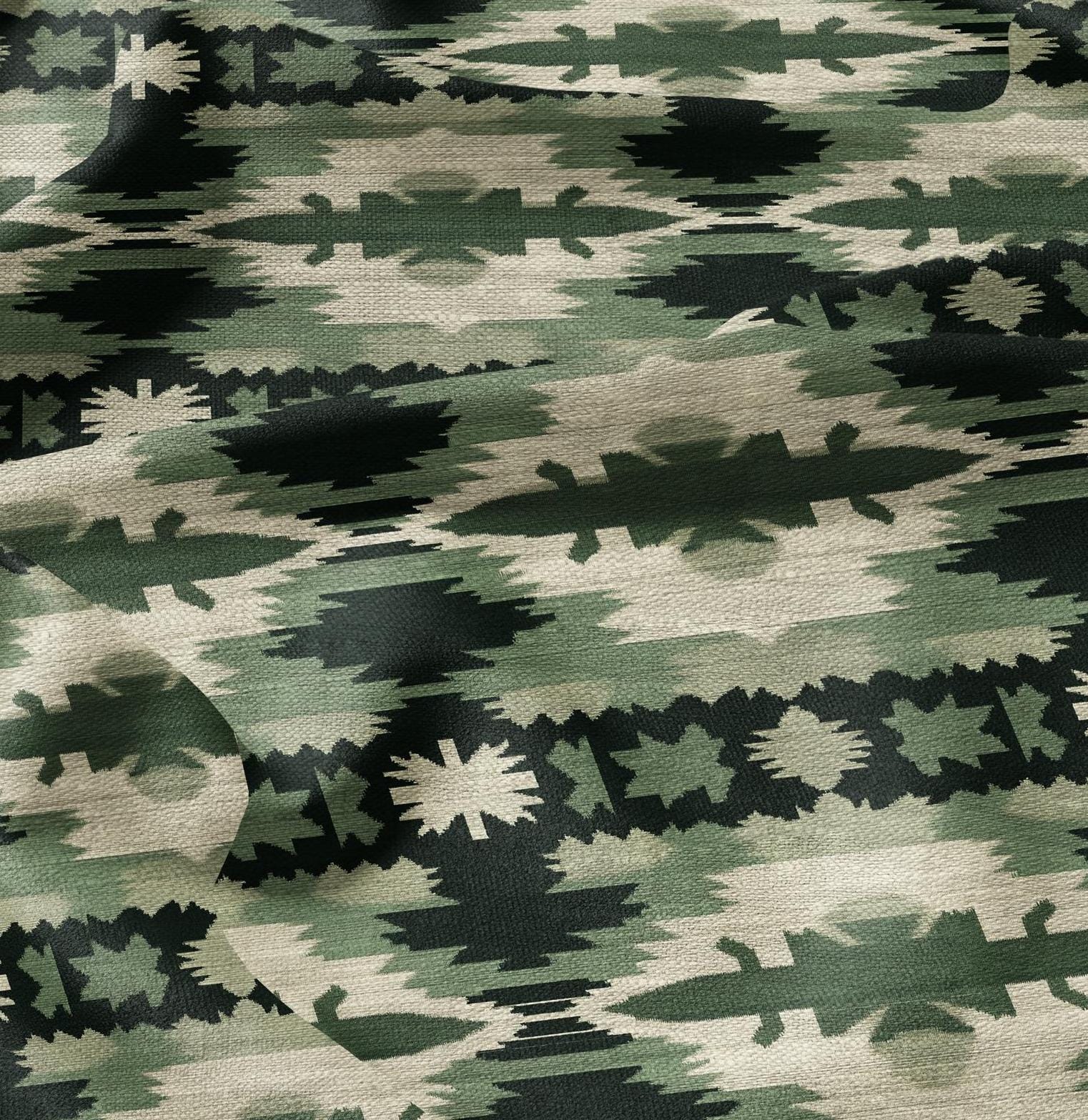 100% LINEN Fabric Western Abstract in green - tribal green print on linen print upholstery curtains dress making