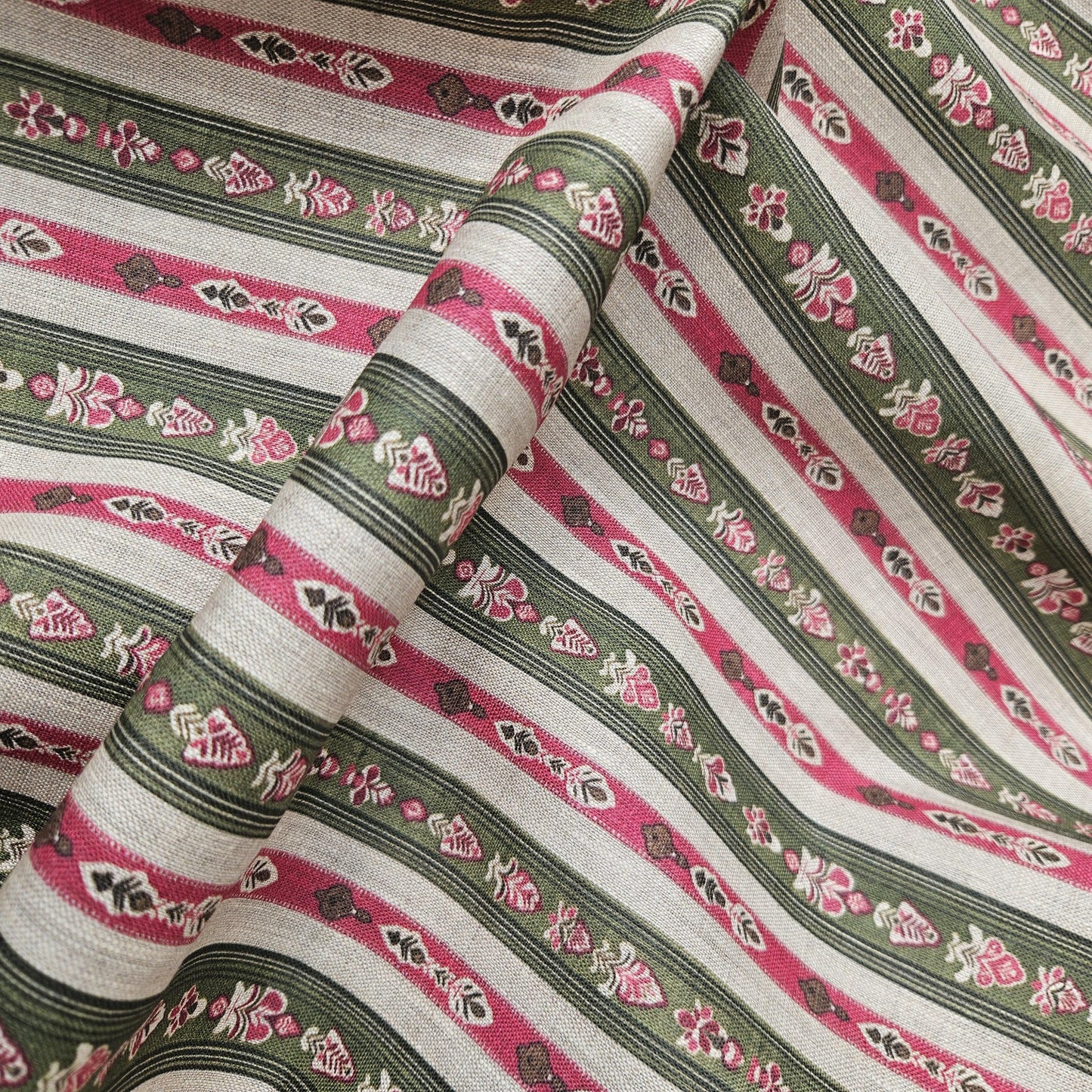 100% LINEN Fabric ethno stripe print - tribal green red print on linen print upholstery curtains dress making