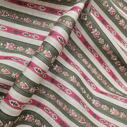 100% LINEN Fabric ethno stripe print - tribal green red print on linen print upholstery curtains dress making