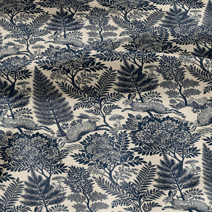 100% LINEN Fabric Woodland - Navy blue beige floral print with Rabbit bunny Neutral Fabric by the Yard by LithuanianLinen 3871
