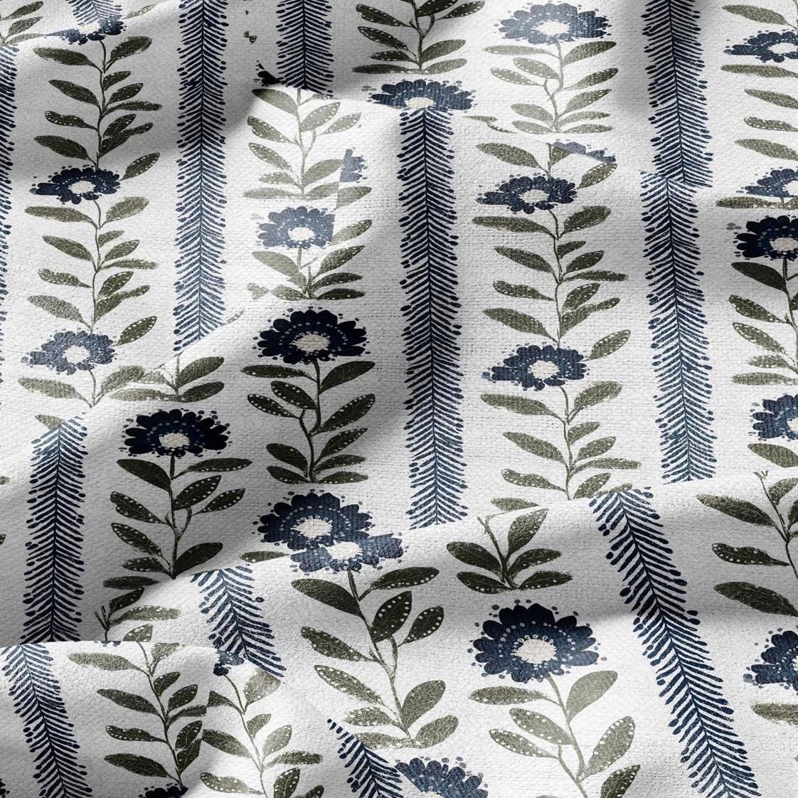 100% LINEN Fabric Floral stripe print green blue - floral upholstery home textile artisan fabrics blue green white 3126