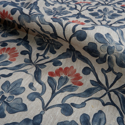 100% LINEN Fabric Portuguese Tile floral pattern on linen - floral botanical linen for upholstery home decor dressmaking clothing 2042