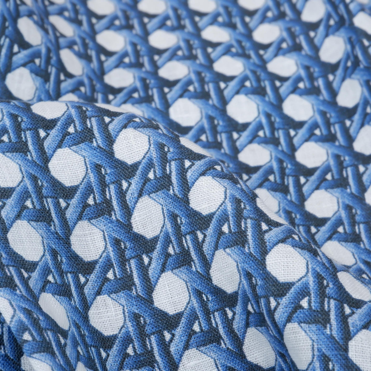 100% LINEN Fabric Blue bamboo trellis - botanical textile artisan fabrics blue white 3687