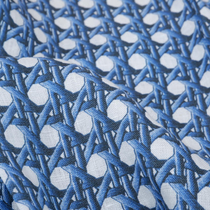 100% LINEN Fabric Blue bamboo trellis - botanical textile artisan fabrics blue white 3687