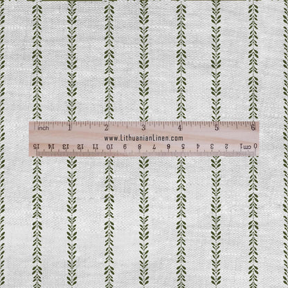 100% LINEN Fabric Green stripe print - Floral leaves on oatmeal linen - block print upholstery curtains dress making 2675