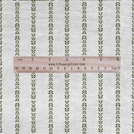 100% LINEN Fabric Green stripe print - Floral leaves on oatmeal linen - block print upholstery curtains dress making 2675