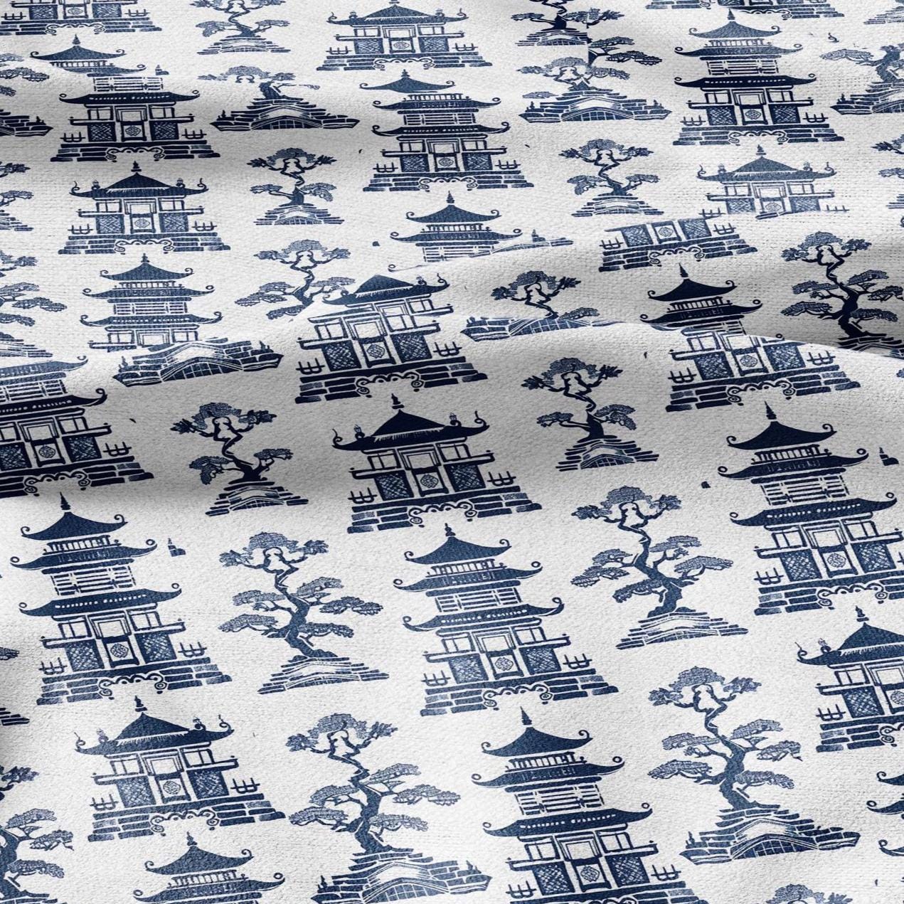 100% LINEN Fabric Pagoda blue print - oriental for upholstery home decor - medium for dress making 2873
