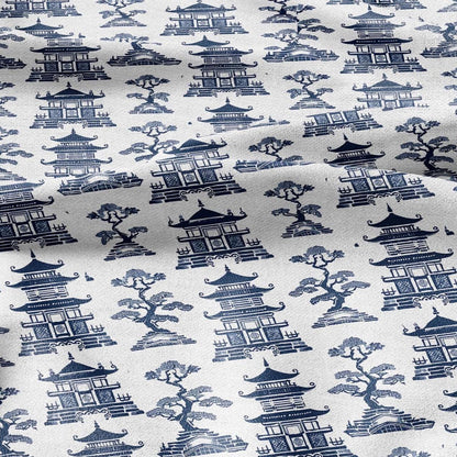 100% LINEN Fabric Pagoda blue print - oriental for upholstery home decor - medium for dress making 2873