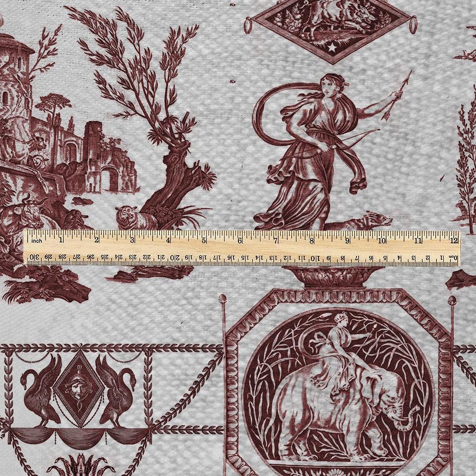 100% LINEN Fabric french red print oatmeal - Goddess Diana with Lion - toile de jouy - Diane chasseresse by Jean-Baptiste Huet 3419